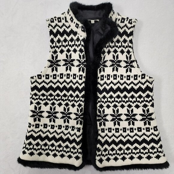 Talbots Black & White Faux Fur Chunky Knit Open Front Vest M - Picture 1 of 6